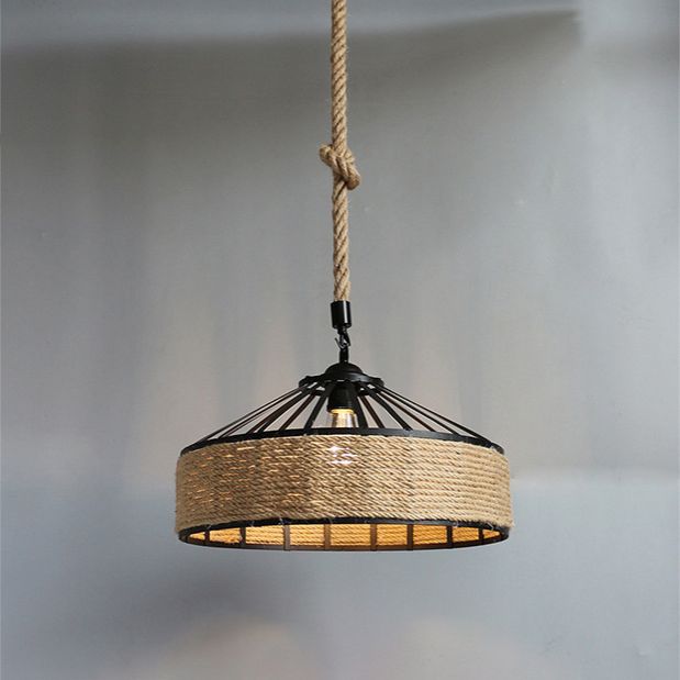 Rope Linen 1-Light Pendant Lamp Drum Vintage Loft Ceiling Fixture for Bar