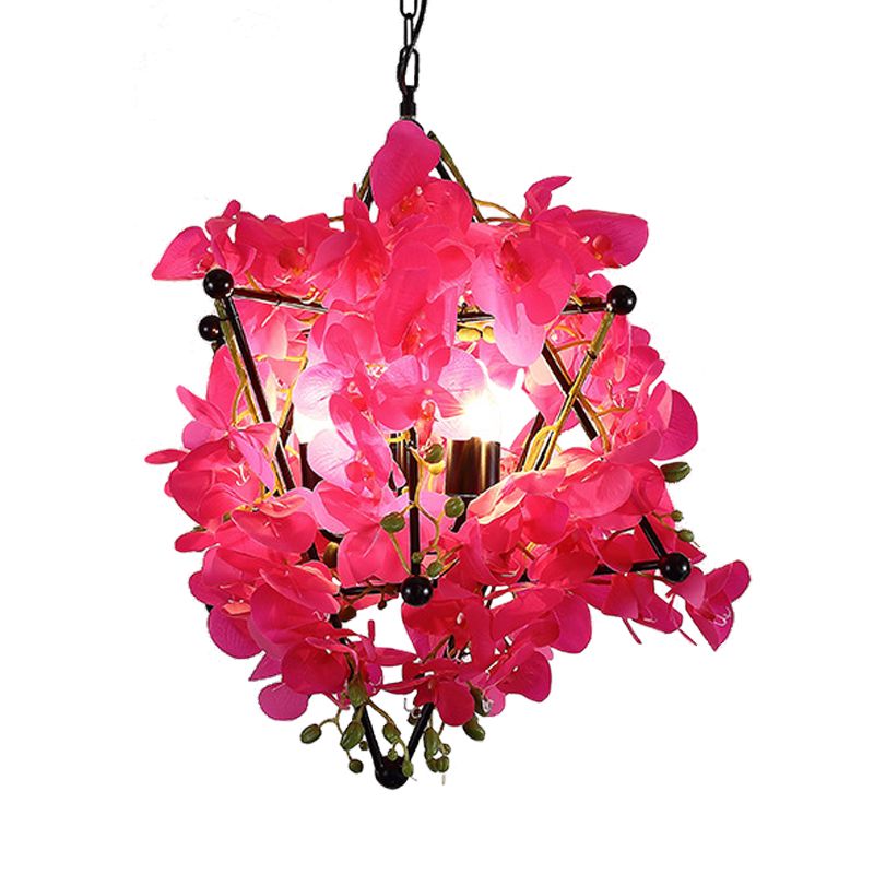 Metal Star Frame Chandelier Lamp Retro Style 4 Lights Restaurant Suspension Pendant with Yellow/Rose Red Floral