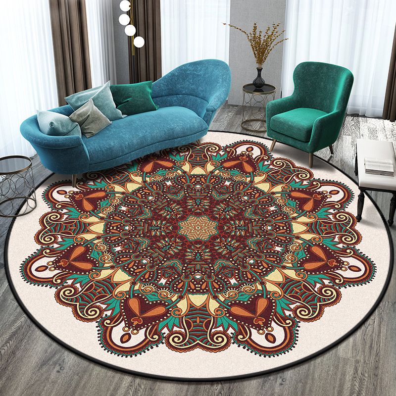 Bohemian Living Room Rug Multicolor Mandala Rug Polyester Stain Resistant Washable Anti-Slip Backing Rug for Hall