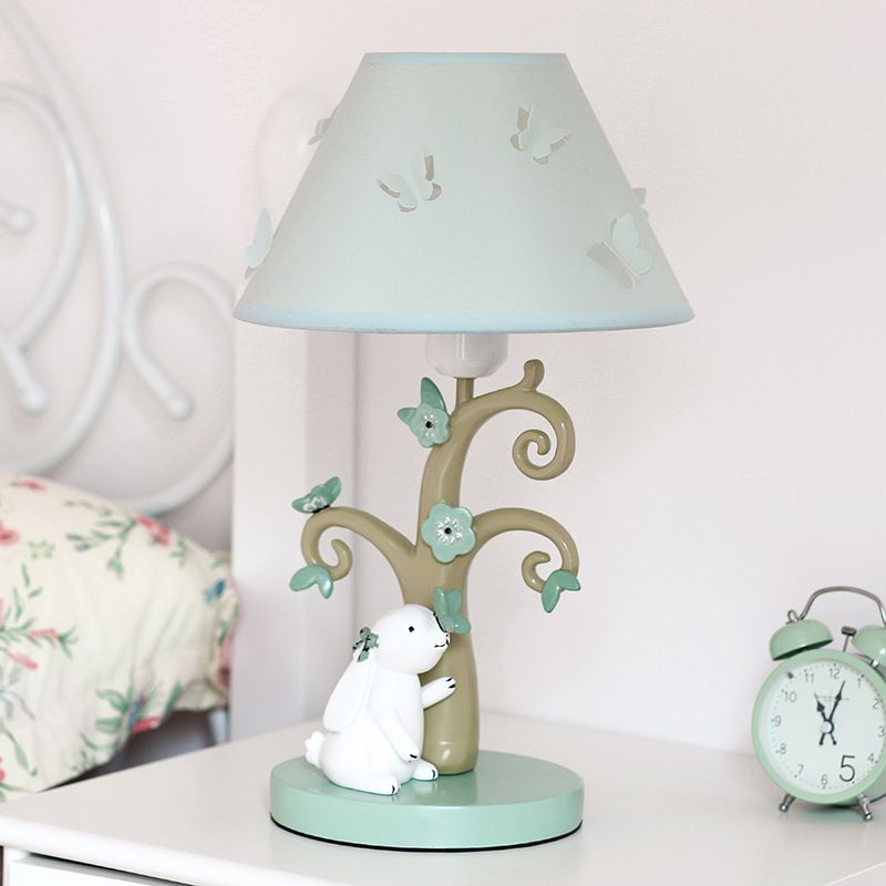 Cone Shade Fabric Nightstand Light Cartoon 1 Head Blue Table Lamp with Tree Base and Rabbit Decor