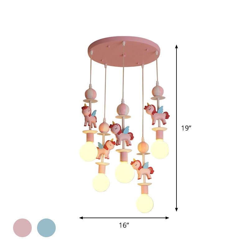 SHAPE UNICORNE Multi-plafonnier Cartonne d'éclairage Resin 5 bulbes Pink / Blue Finish Hanging Lamp Kit avec canopée ronde