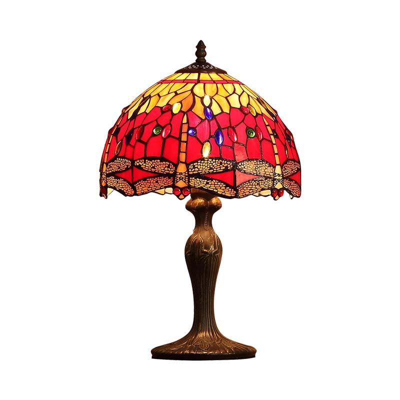 Dragonfly Table Lighting 1-Light Stained Glass Tiffany Style Night Stand Lamp in Dark Brown