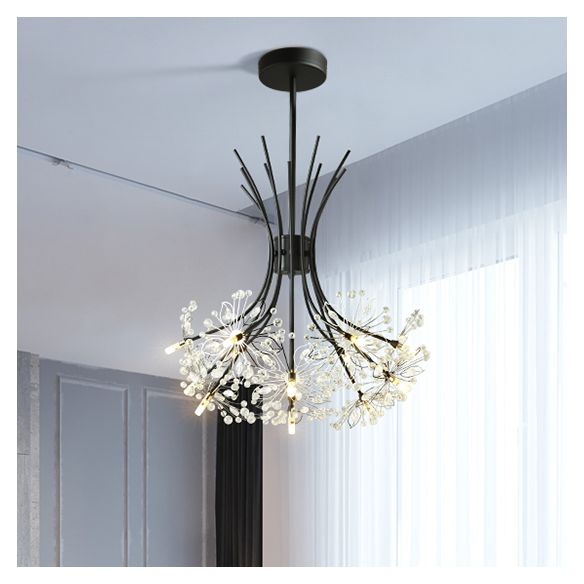 Clear Crystal Beaded Chandelier Lighting with Bouquet Design Modern 13/19 Lights Black/Chrome Hanging Lamp