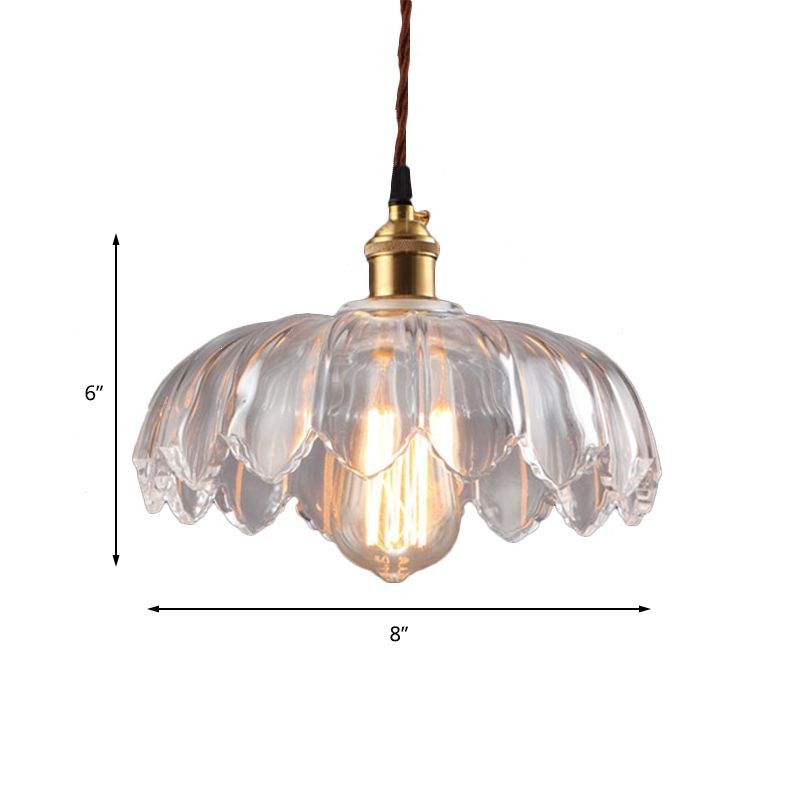 Single Bulb Hanging Ceiling Light with Scalloped Shade Clear Glass Industrial Living Room Pendant Lighting, 8"/10"/12" Wide