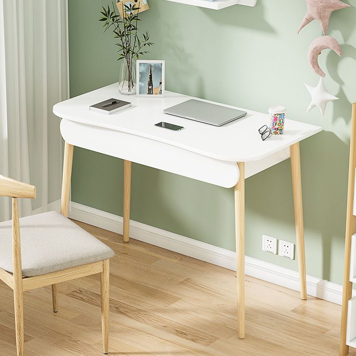 Modern White and Brown Office Desk Parsons Wooden Curved Writing Desk for Bedroom