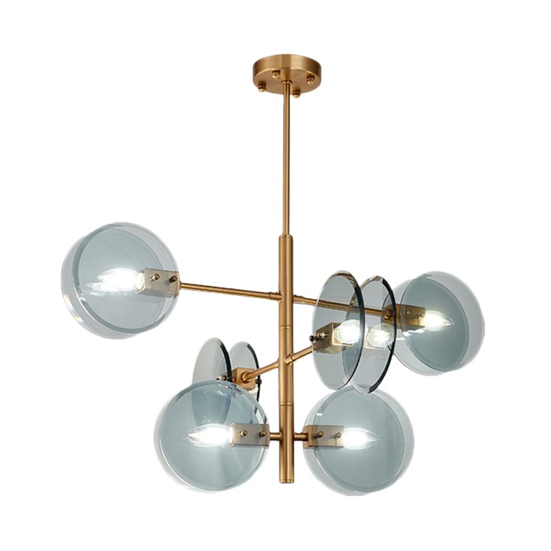 Mid Century 6 Bulbes Chandelier Blue Verre en laiton à deux niveaux Plafond Plafond Light