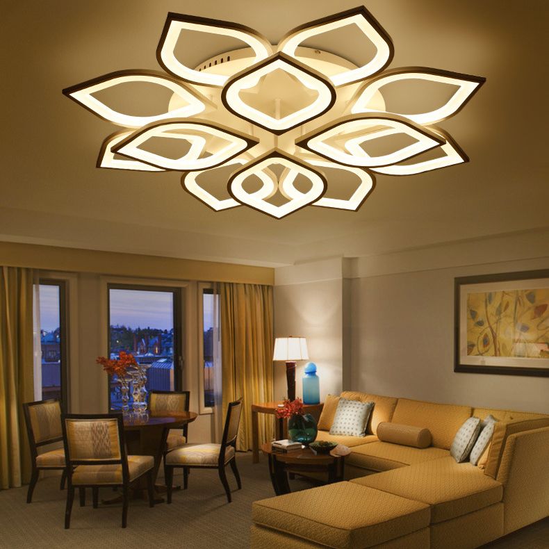 White Floriated LED Semi Flush Mount in Modern Simplicity Metal Ceiling Light with Acrylic Shade