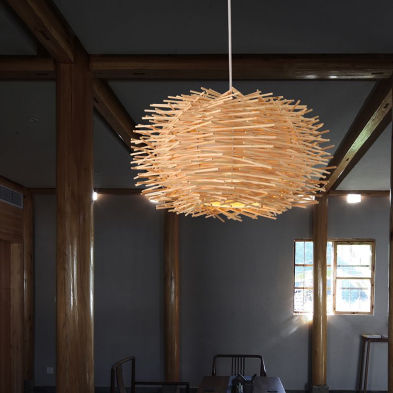 Bird Nest Suspension Light Simplicity Rattan 1-Light Restaurant Pendant Light in Wood