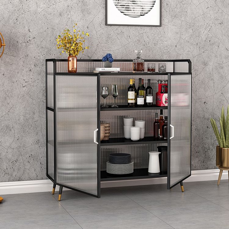 Polished Finish Metal Sideboard Glam Indoor Dining Server with Clear Glass Doors