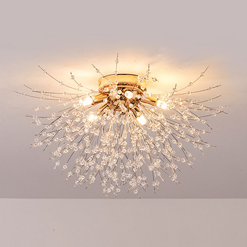 Modern Metal Flush Mount Sputnik Shape Ceiling Light with Crystal Shade for Living Room