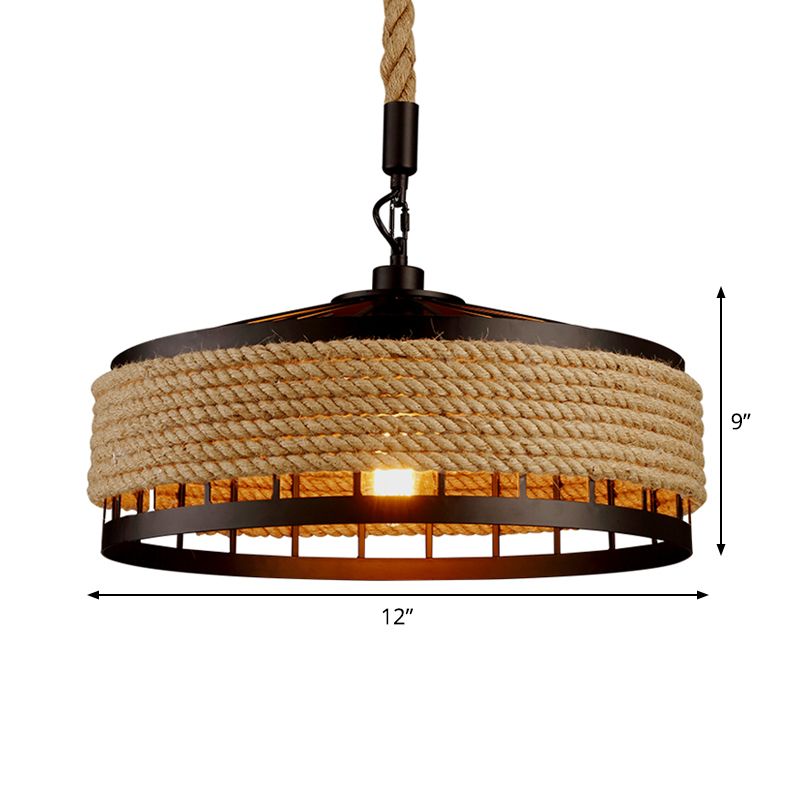 12"/16"/19.5" W 1 Bulb Pendulum Light Lodge Sushi House Drop Pendant with Barn Roped Cage in Brown