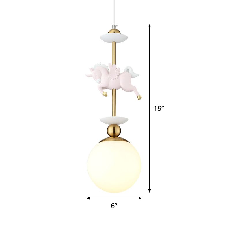 Modern Globe Hanging Light Glass 1 Head Bedroom Pendant Lamp with Unicorn Decoration in Pink