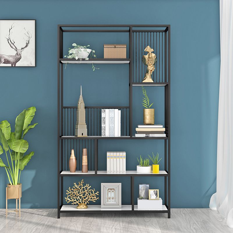 Contemporary Etagere Bookshelf Iron Frame White Manufactured Wood Shelf Bookcase