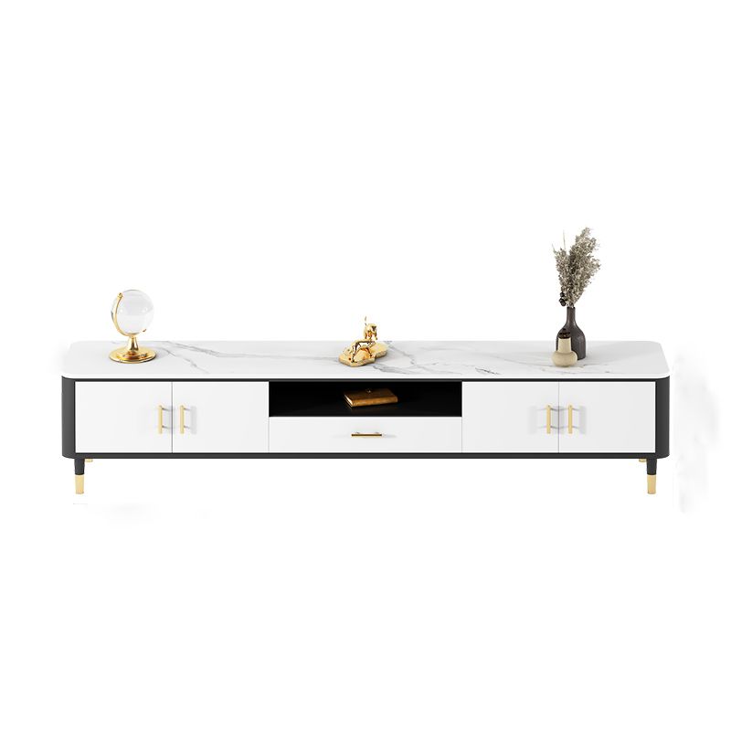 Glam Style TV Stand White Colour Stone TV Console with Open Storage