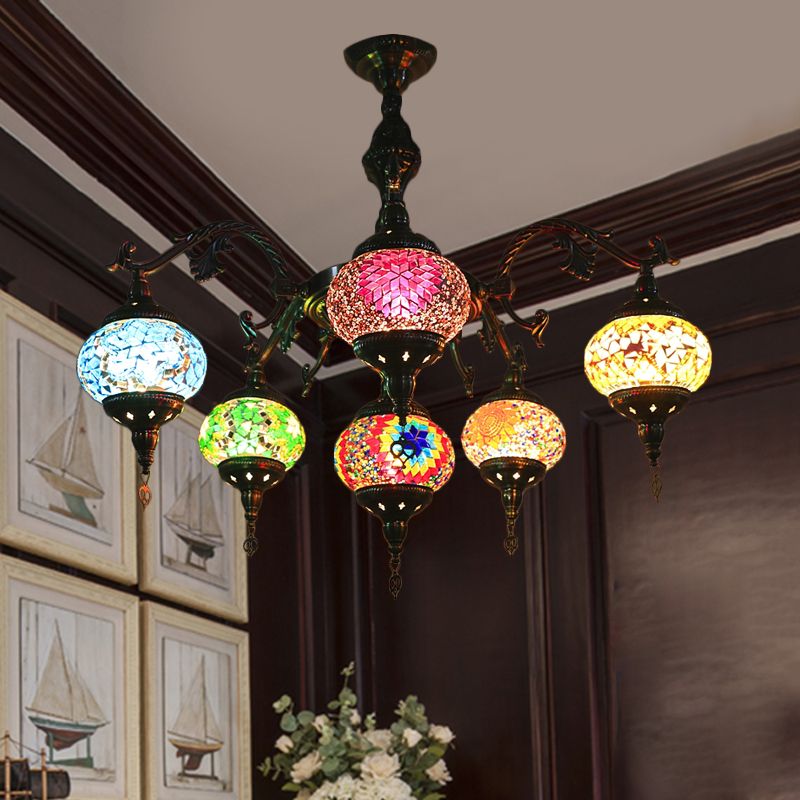 Buntglasbronze hängende Kronleuchter oval 6 Köpfe traditionelle Federung Licht