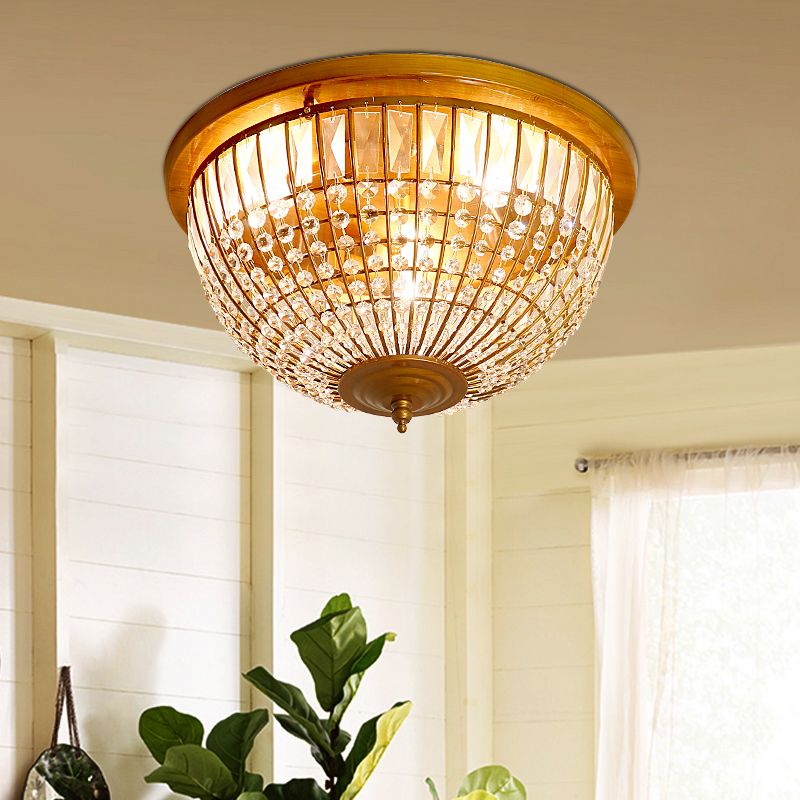 3 Lights Hallway Flush Mount Light with Dome Crystal and Metal Shade Postmodern Brass Ceiling Mount, 14"/18" Wide