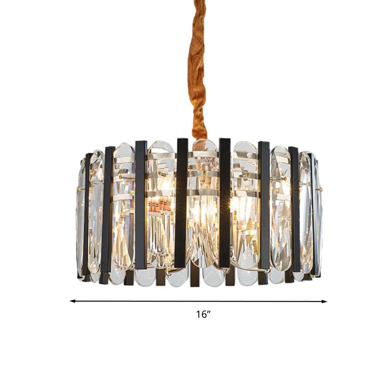 6-Bulb Dining Room Chandelier Lighting Black and Gold Pendant Light Fixture with Drum Beveled Crystal Shade