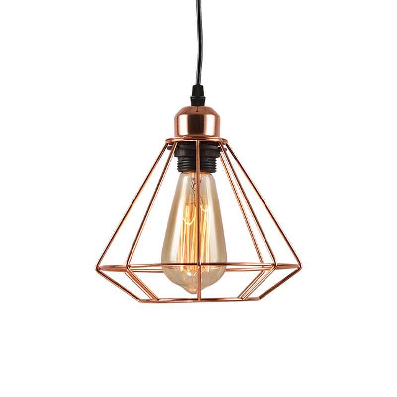 Iron Rose Gold Suspension Light Diamond Cage 1-Bulb Industrial Ceiling Pendant Lamp