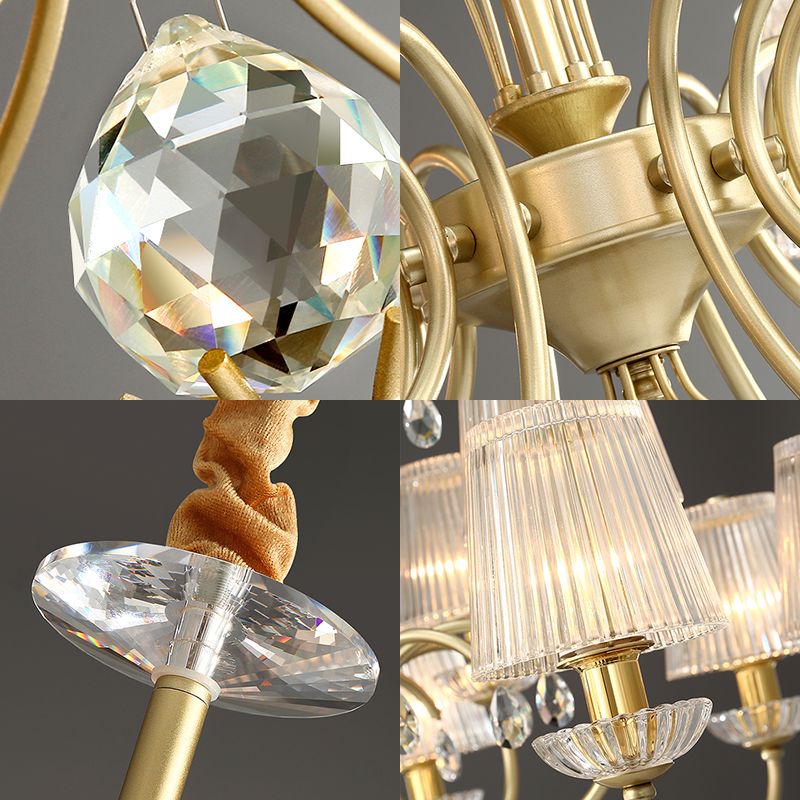 6/8/10 Lights Cone Chandelier Lamp Modern Clear Ribbed Glass Hanging Ceiling Light in Gold for Living Room