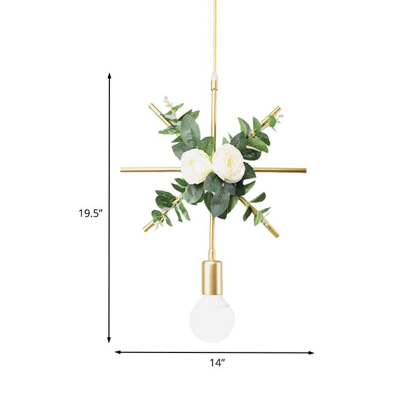 Iron Rectangle/Round Frame Suspension Pendant Warehouse 1 Head Living Room Hanging Ceiling Light in Gold with Artificial Bloom Deco