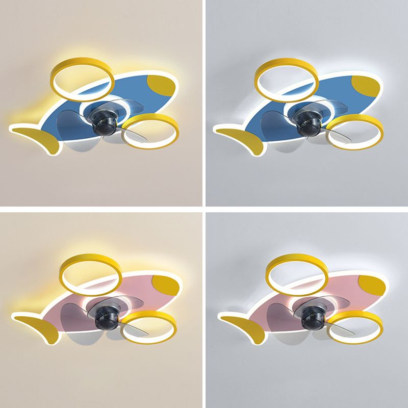 Creative Aircraft Shaped Ceiling Fan Light Metallic Child Room Semi Flush Mount Lamp