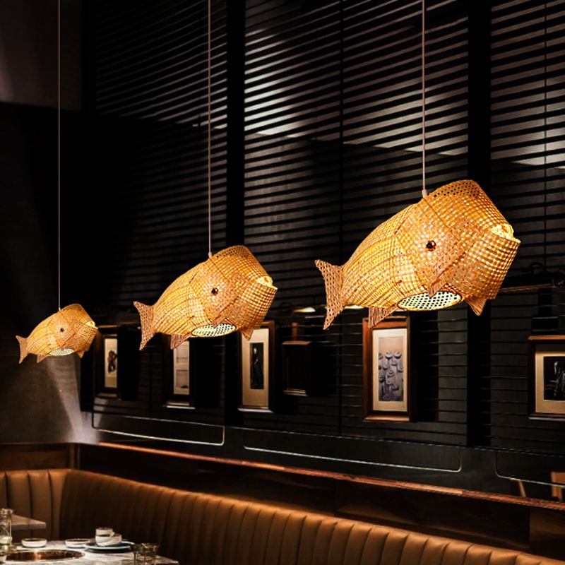 Carp Fish Restaurant Hanging Light Bamboo Woven 1-Light Chinese Ceiling Pendant in Beige