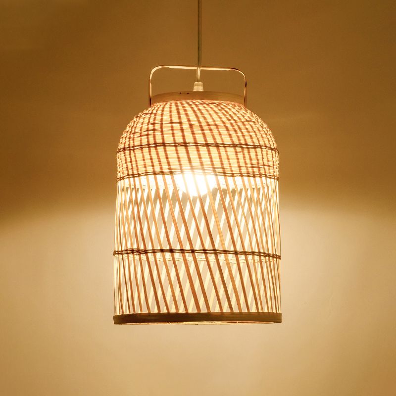 Rustic Bird Cage Hanging Light Bamboo 1 Bulb Ceiling Pendant Lamp in Wood with Handle