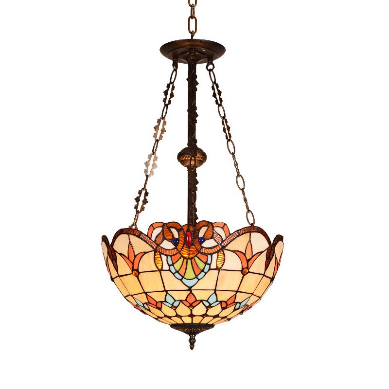 Bowl Ceiling Light Retro Style Stained Glass 3 Heads Semi Flush Ceiling Fixture for Bedroom Lighting