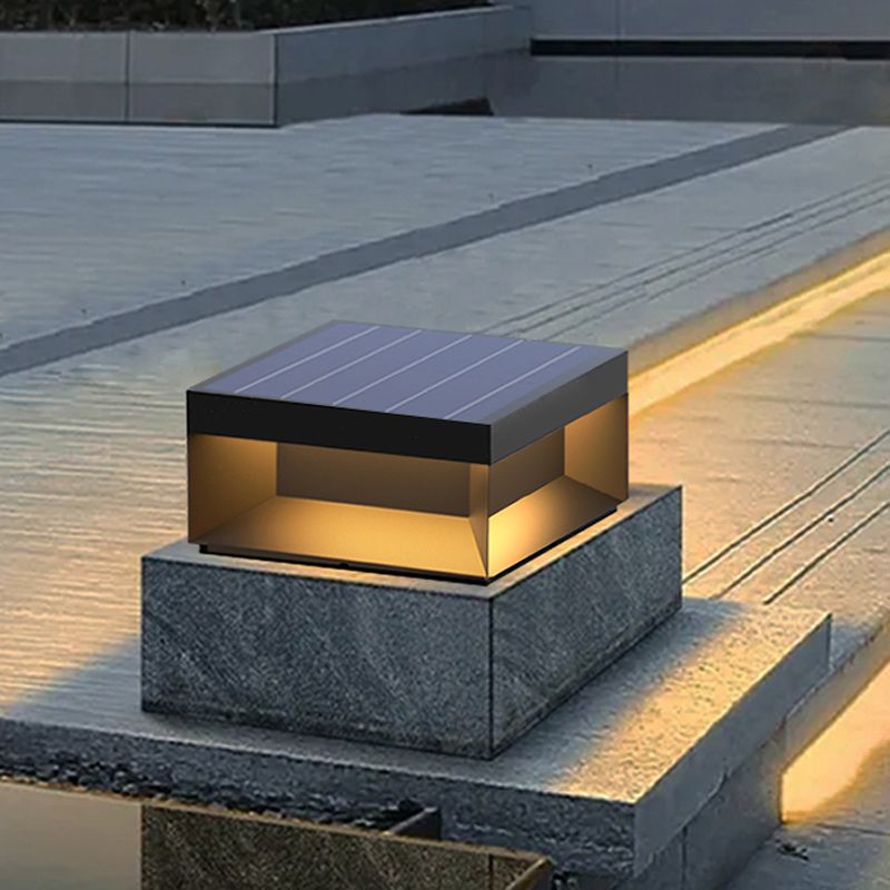 Modern Solar Energy Pillar Lamp Square Black Outdoor Light for Garden