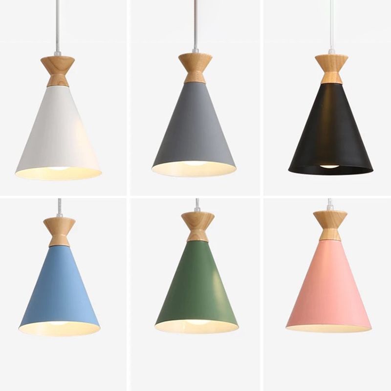 Nordic Minimalism Macaroon Hanging Light with Metal Conical Shade Single Bulb Wooden Mini Bedside Lamp