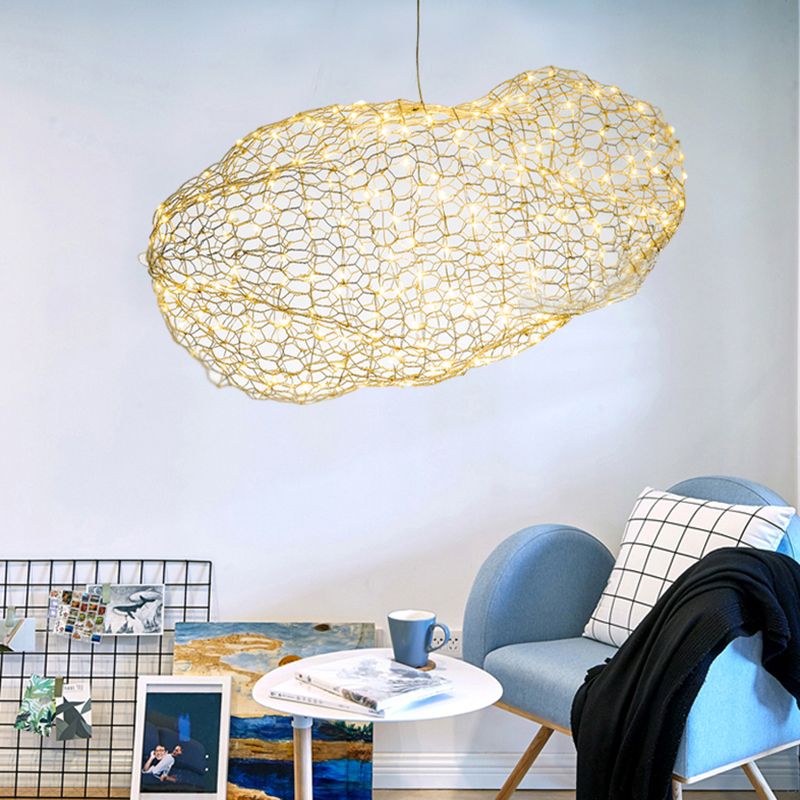 12 "/ 16" W Light de lustre en forme de nuage avec écran de maille moderniste LED chrome suspendu, lumière chaude / blanche