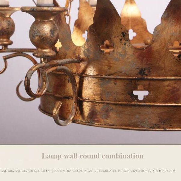 Vintage Rust Crown Suspension Chandelier Candlestick Shape Lamp Post Industrial Style Lighting Pendant in Gold for Dining Room