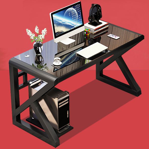 Contemporary Rectangular Computer Desk Toughened Glass Desktop Trestle Base Desk