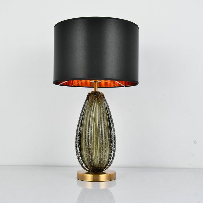 1-Light Melon Table Lamp Ideas Vintage Hand-Worked Green Bubble Glass Night Lighting with Gold/Black/Flaxen Fabric Shade