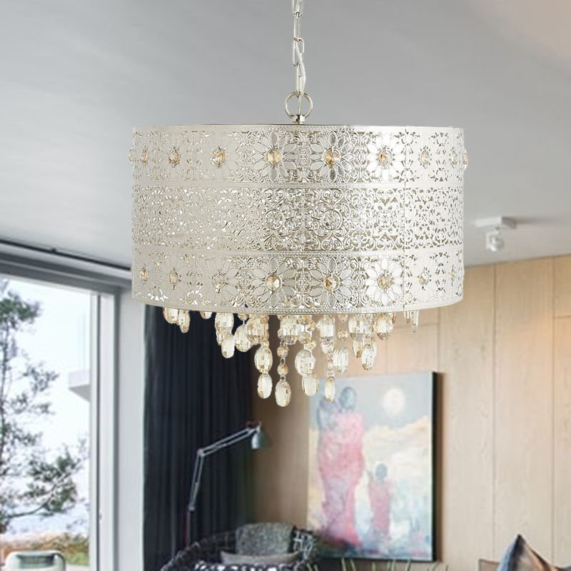 Mid-Century Drum Ceiling Chandelier Clear K9 Crystal 4 Bulbs Dining Table Pendant Lamp in Silver