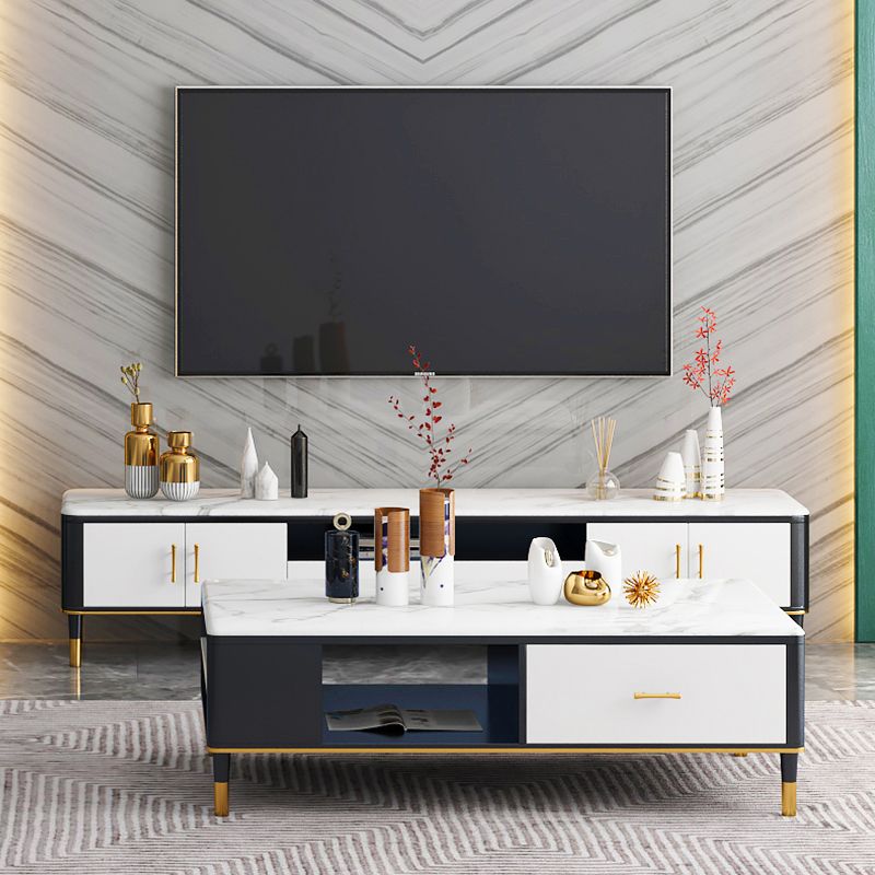 Glam Style TV Stand Stone White Colour Open Storage TV Console with Shelves