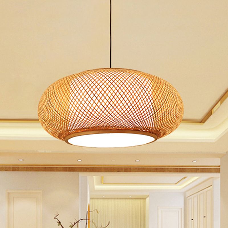 Tambour incurvé Bamboo Pendant Light Light Asian Elemy 16 "/19.5" W 1 Light Beige Placed Lampe pour le salon