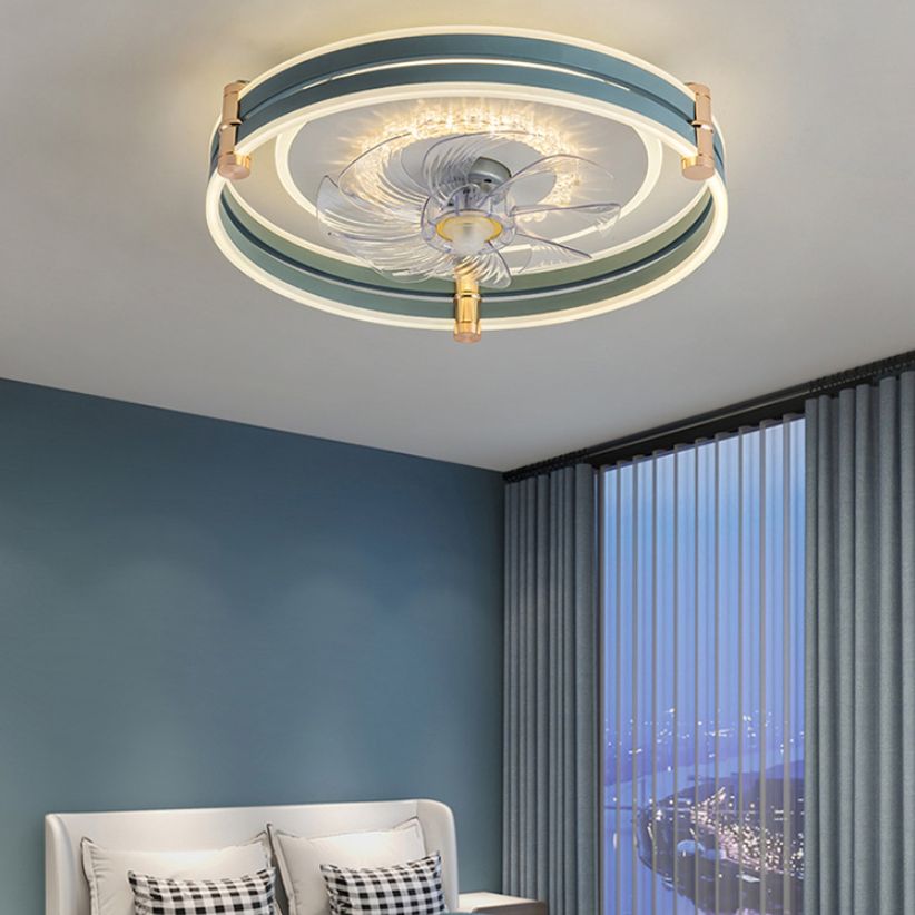 Circular LED Fan Lighting Fixture Macaron Metal Bedroom LED Semi Flush Mount Ceiling Light