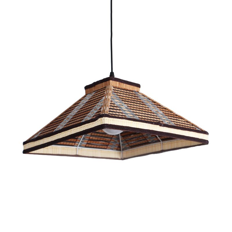 Chinese Pyramid Hanging Ceiling Light Bamboo/Rattan 1 Light Restaurant Pendant Lamp in White/Ivory/Brown