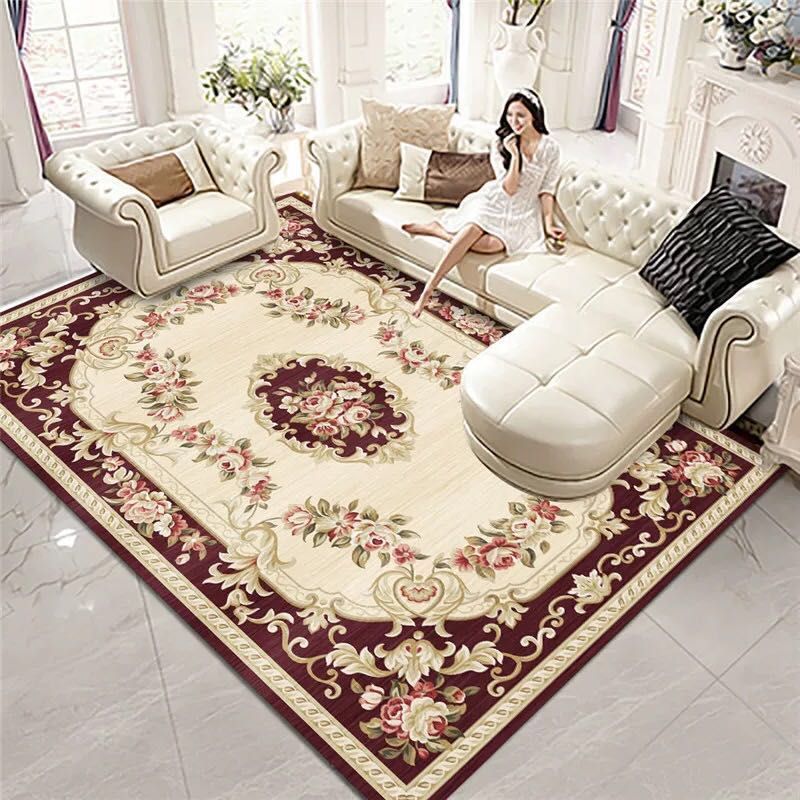 Classical European Floral Print Rug Yellowe Tone Polyester Area Carpet Non-Slip Backing Rug for Living Room