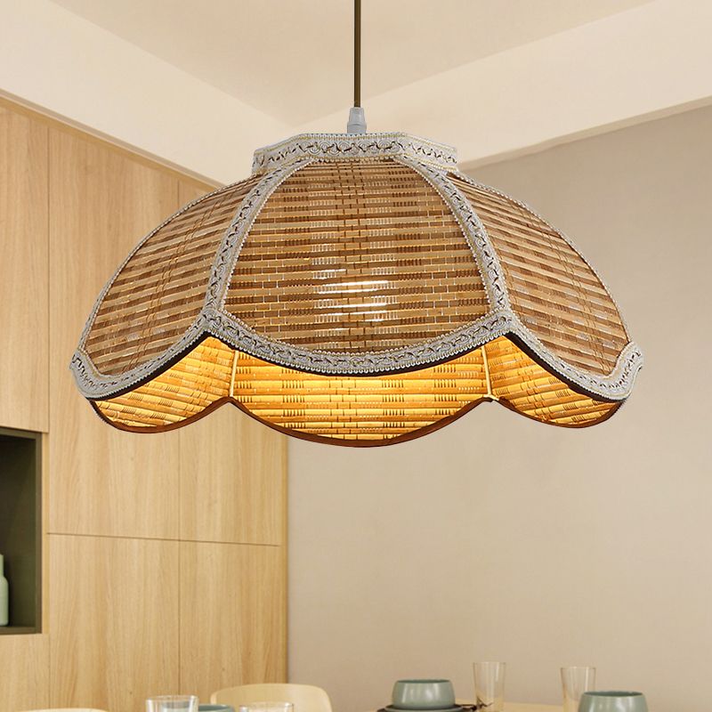 Hand Woven Scalloped Hanging Lamp Asian Bamboo 1 Bulb Restaurant Ceiling Pendant with Braided Trim