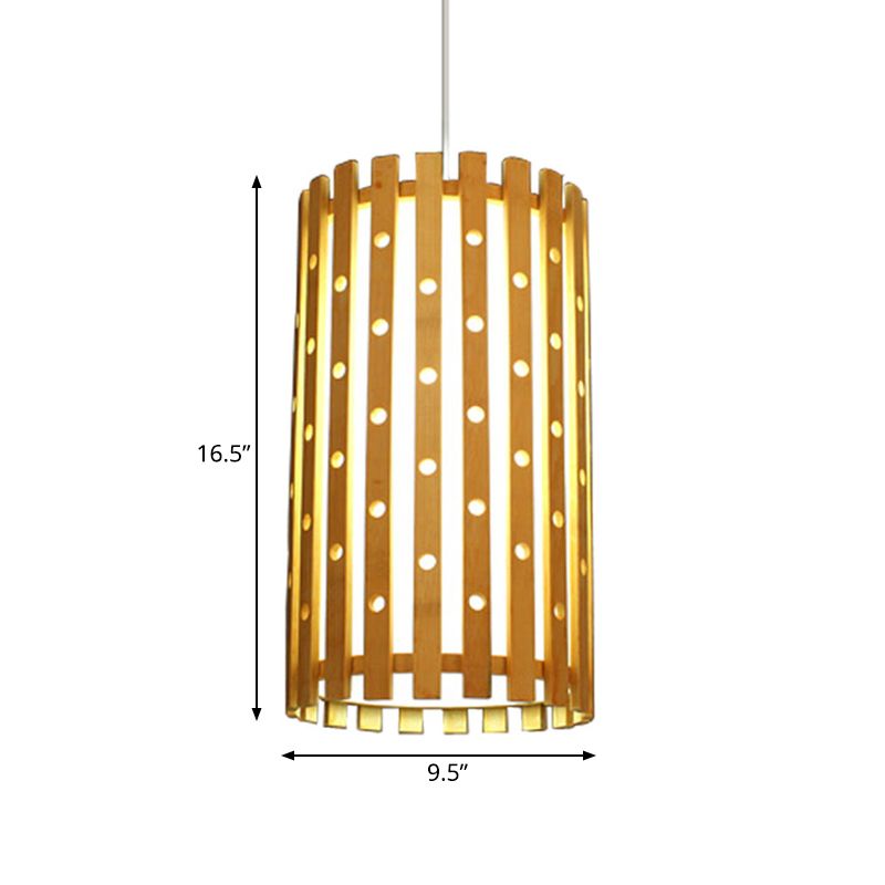 Cylinder Ceiling Light Modern Hollow Bamboo Single Bulb Hanging Lamp in Beige for Living Room