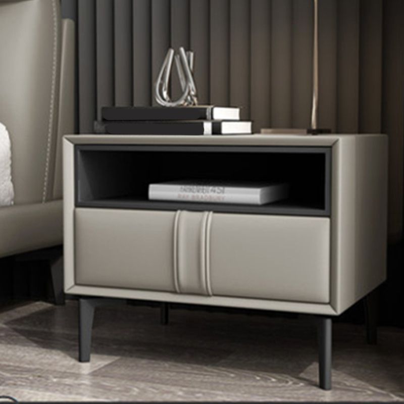 Wooden and Leather Bed Nightstand Modern Minimalist Open Bedside Table with Drawers