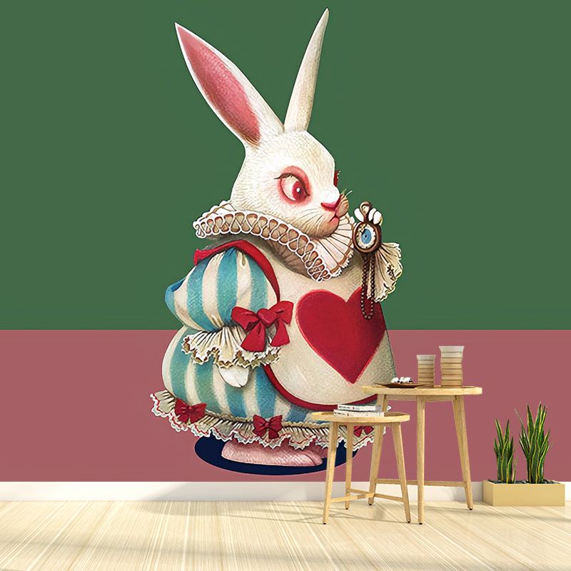 Cute Rabbit Wall Decor Green and Red Minimalist Wall Mural for Children's Bedroom