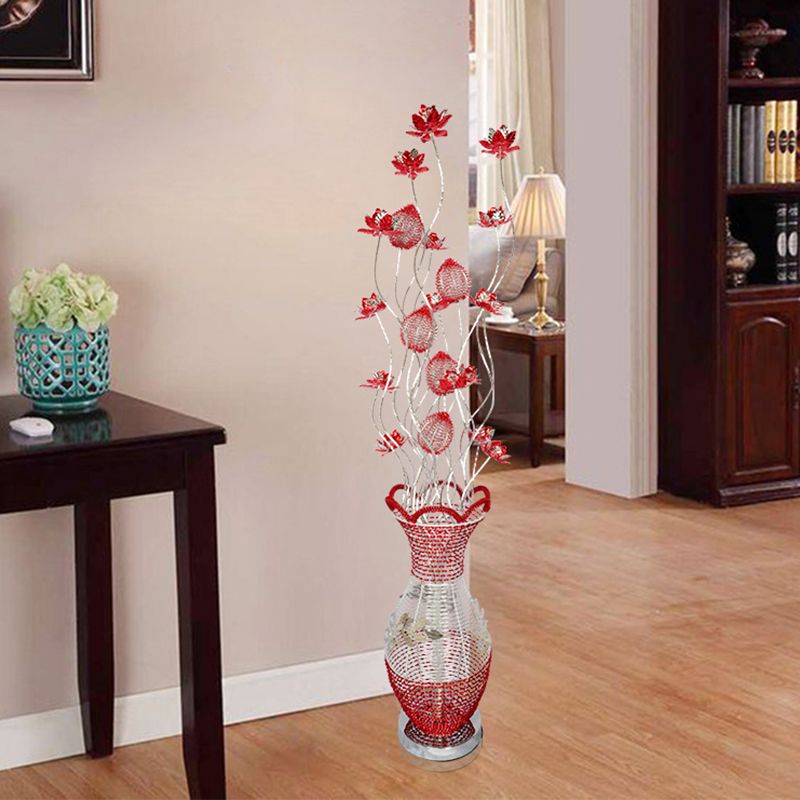 LED Vase Shape Floor Lamp Decorative Red Metallic Standing Light with Flower Design