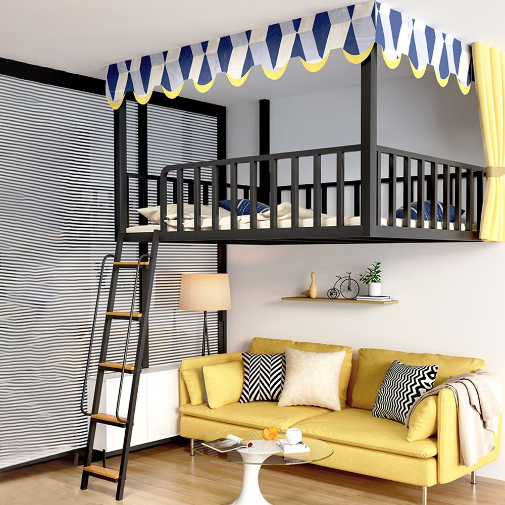 Black/White Loft Bed Metal Open Frame Kids Bed with Guardrail