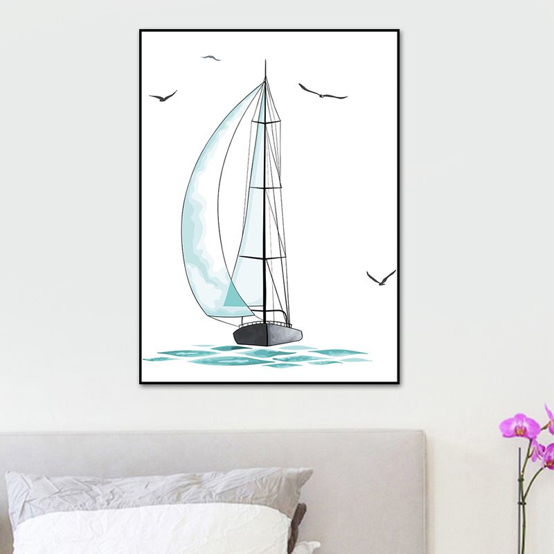 Blue Sailing Ship Drawing Canvas Textured Surface Cartoon Kindergarten Wall Art Print