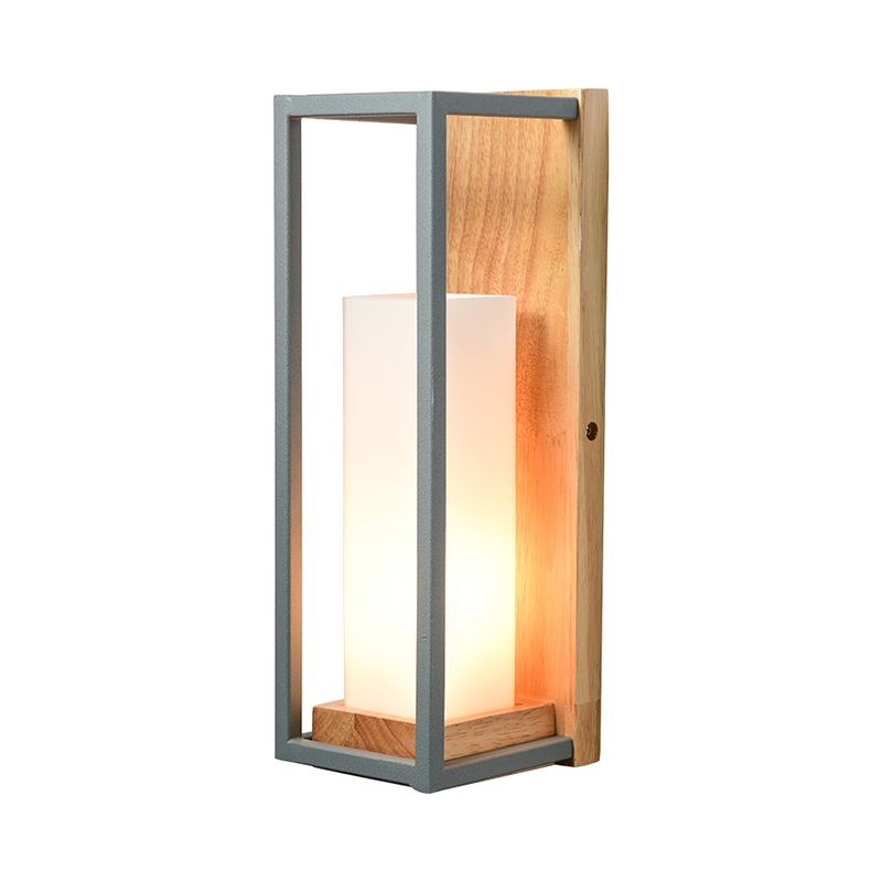 Luce di fonce tubolare grigio asiatico 1 lampadina in vetro bianco illuminazione montata con rettangolo in legno