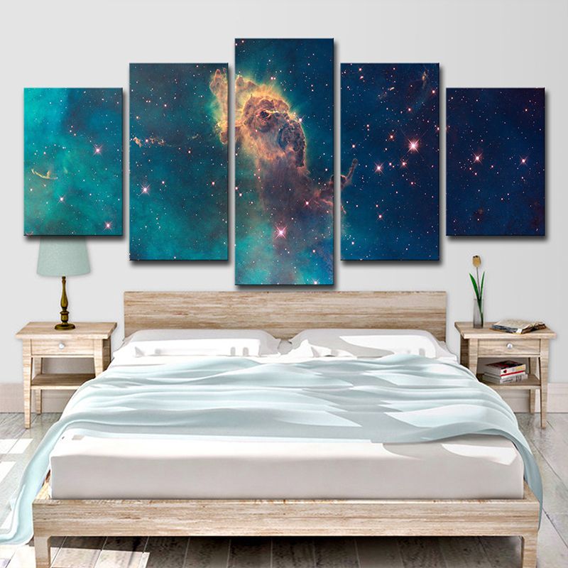 Galaxy and Stars Print Canvas Bedroom Outer Space View Wall Art in Green for Decor