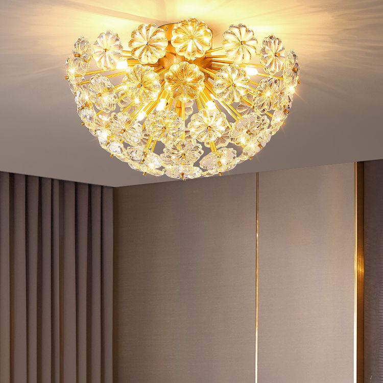 Brass Close to Ceiling Lamp Minimalist Crystal Shaded Ceiling Mounted Fixture